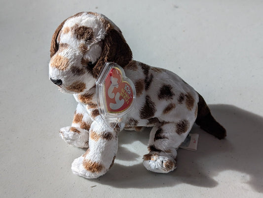Checkers the Dog - Ty Beanie Baby (White, Brown, 2002, Plushie, Toy, Stuffed Animal, MWMT, Vintage, Retired)