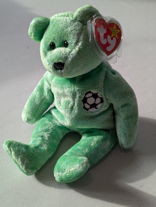 Kicks the Bear - Ty Beanie Baby (Green, 1998, Plushie, Toy, Stuffed Animal, MWMT, Vintage, Retired)