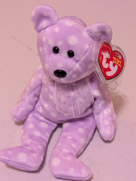 Polka-Dot the Bear - Ty Beanie Baby (Purple, White, 2002, Plushie, Toy, Stuffed Animal, MWMT, Vintage, Retired)