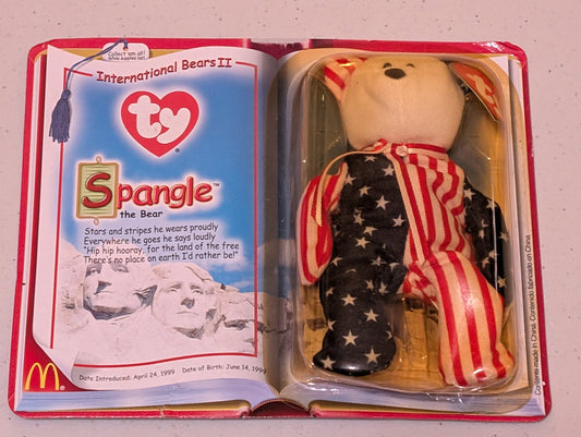 Spangle the Bear - McDonald's / Ty Teenie Beanie Baby (Red, White, Blue, 1999, Plush Toy in packaging)