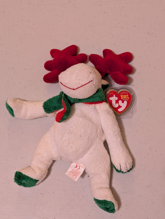 Twigs the Reindeer - Ty Beanie Baby (White, Green, Red, 1995, MWMT, Plush, Toy, Stuffed Animal, Vintage, Retired)