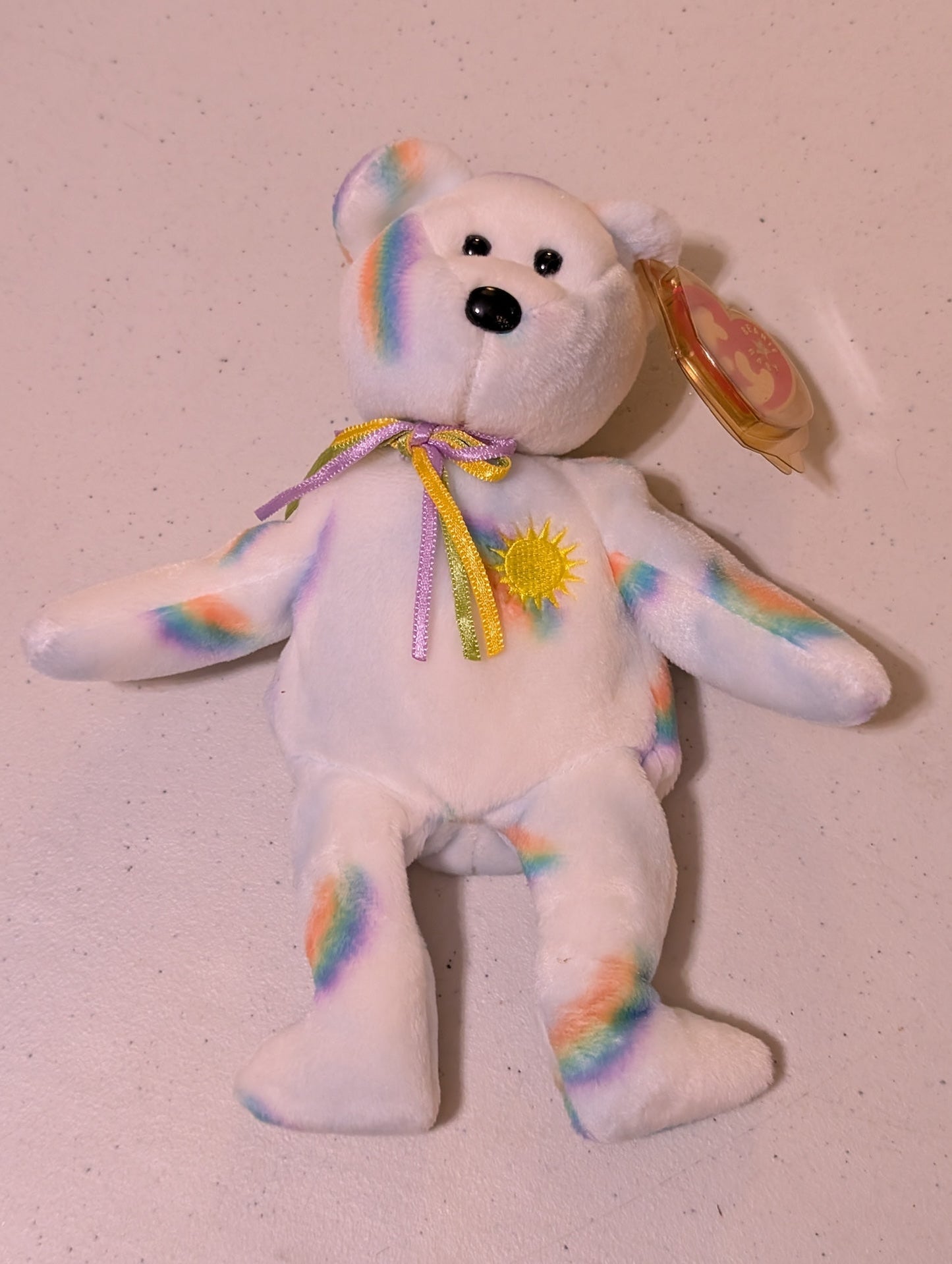 Sunshine the Bear - Ty Beanie Baby (White, Rainbow, 2000, MWMT, Plush, Toy, Stuffed Animal, Vintage, Retired)