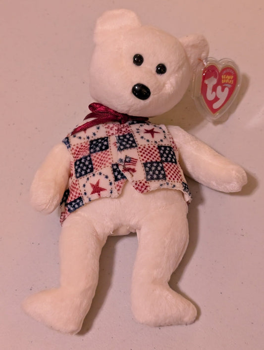 Pledge the Bear - Ty Beanie Baby (White, Red, Blue, 2003, MWMT, Plush, Toy, Stuffed Animal, Vintage, Retired)