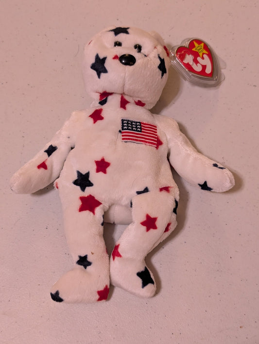 Stars the Bear - Ty Beanie Baby (White, Red, Blue, 2002, MWMT, Plush, Toy, Stuffed Animal, Vintage, Retired)