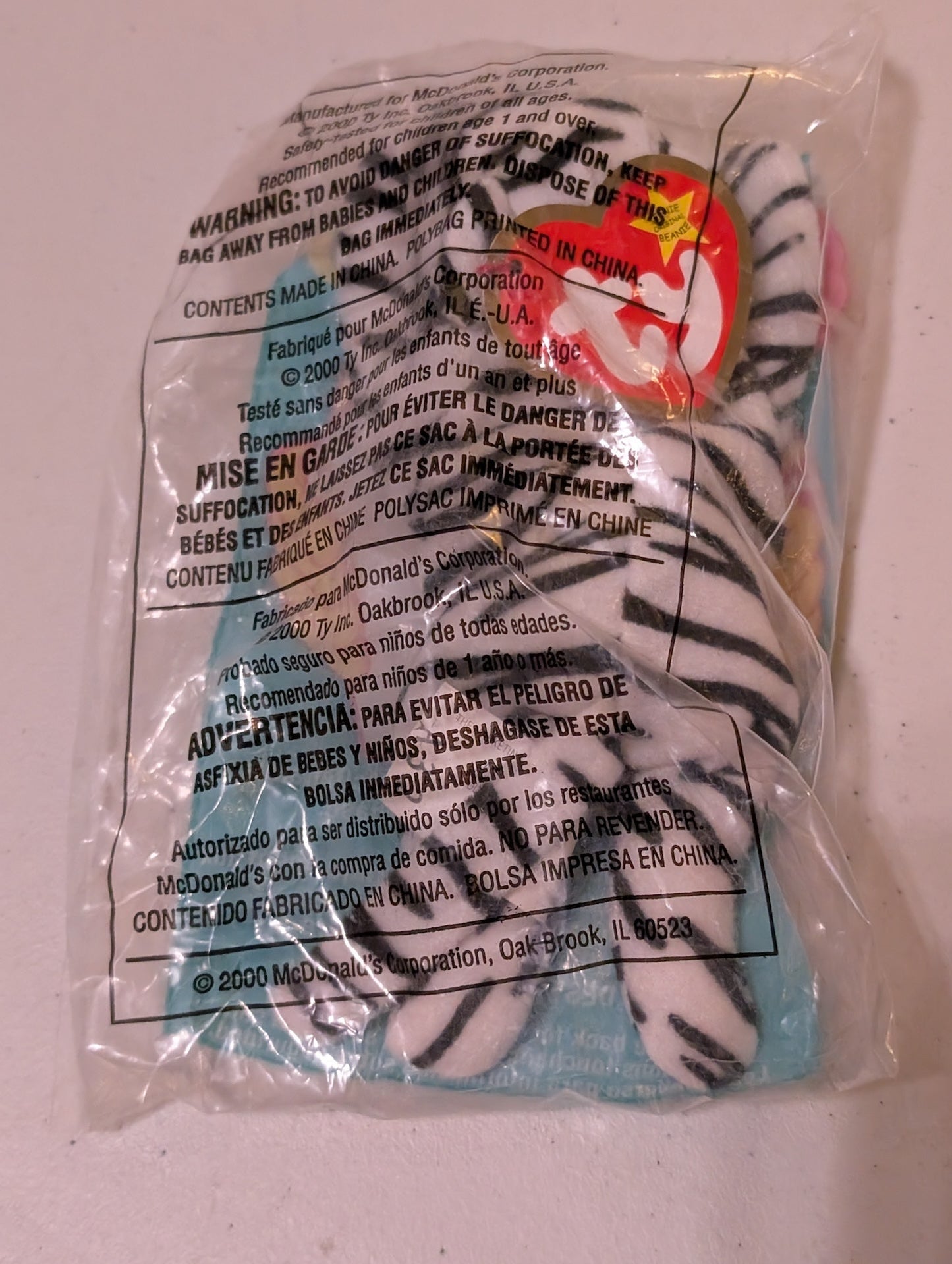 Blizz the White Tiger - McDonald's / Ty Teenie Beanie Baby (White, Black, 2000, Plush, Toy, Vintage, Stuffed Animal, Retired)