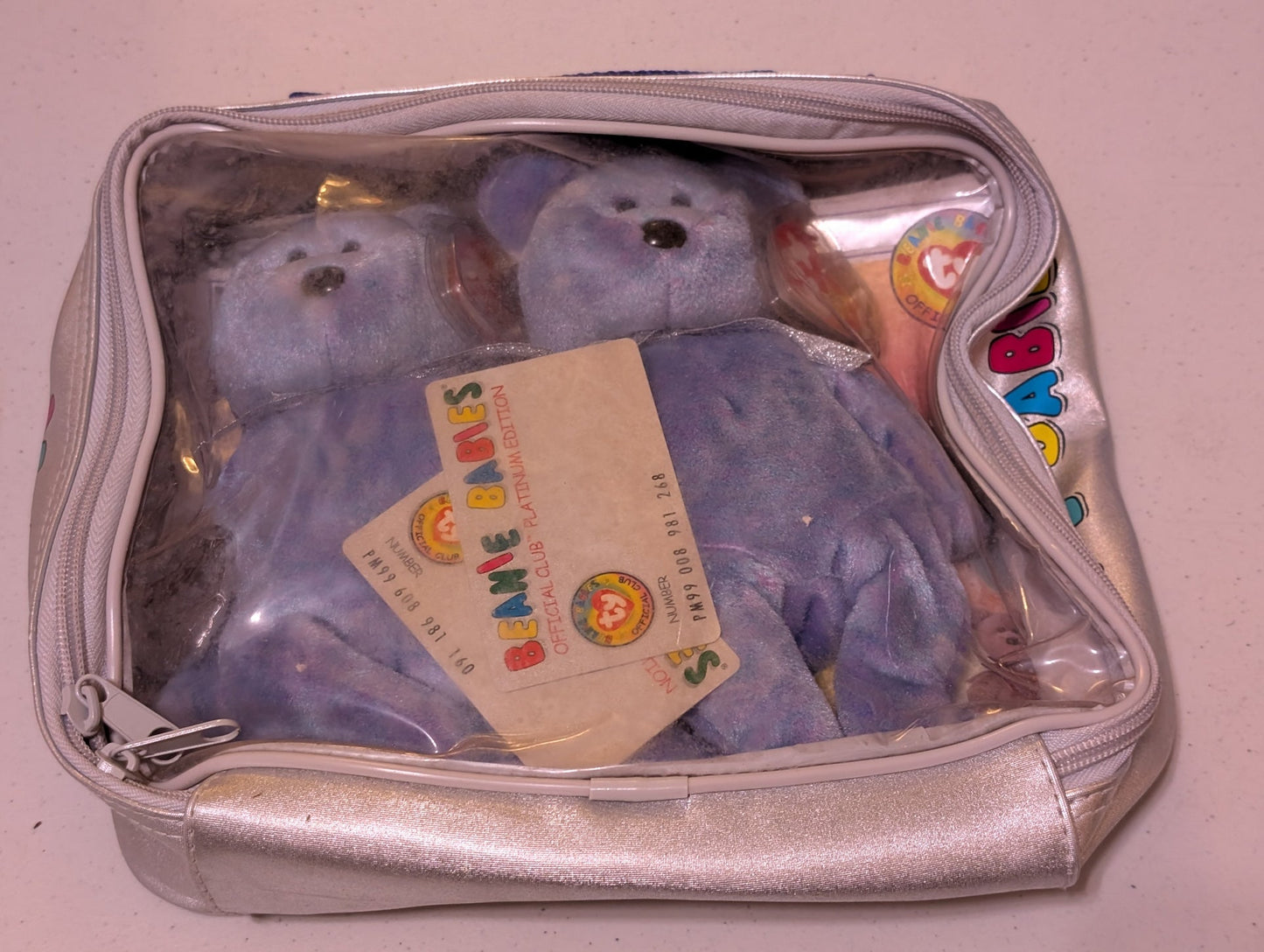 Clubby and Clubby II Platinum Edition Set - Ty Beanie Babies Official Club (Silver, Periwinkle, 1999, Plush Bears in Carrying Case)