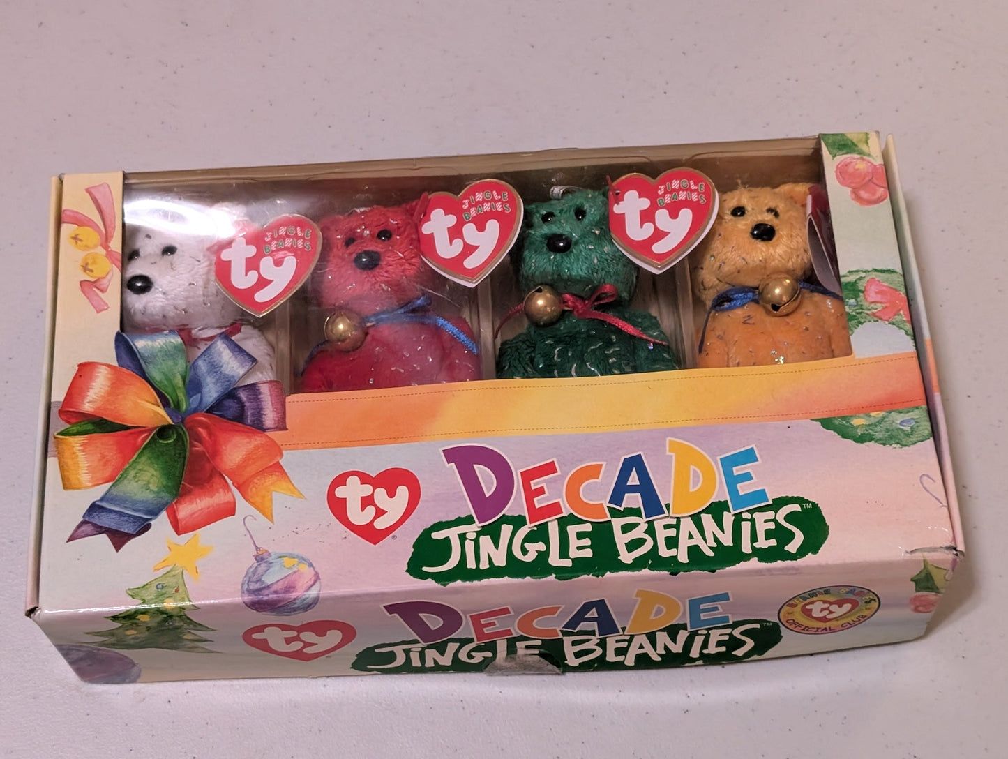 Decade Jingle Beanies Box Set - Ty Jingle Beanies (White, Red, Green, Gold, 2003, Boxed Set of 4 Plush Ornaments)