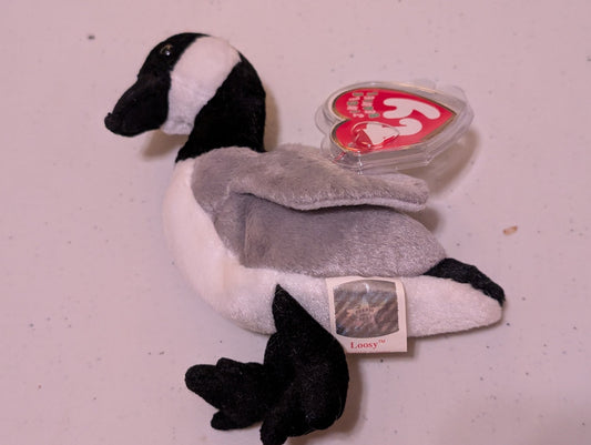 Loosy the Goose - Ty Beanie Baby (Black, White, Gray, 1999, Plush Toy, Stuffed Animal, MWMT, Vintage, Retired)