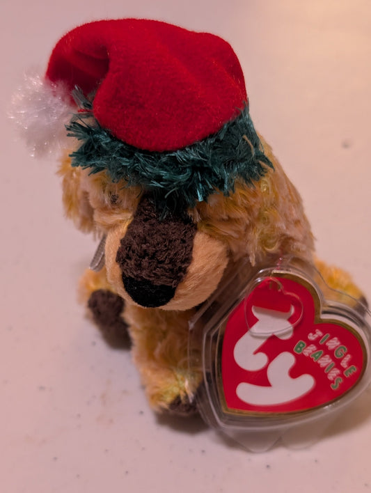 Jangle the Dog - Ty Jingle Beanie (Gold, Brown, Red, Green, 2001, Plush Toy, Stuffed Animal, MWMT, Vintage, Retired)