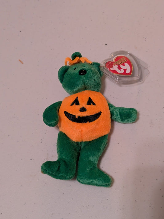 Haunt the Bear - Ty Jingle Beanie Baby (Green, Orange, 2001, Plush, Toy, Stuffed Animal, MWMT, Vintage, Retired)