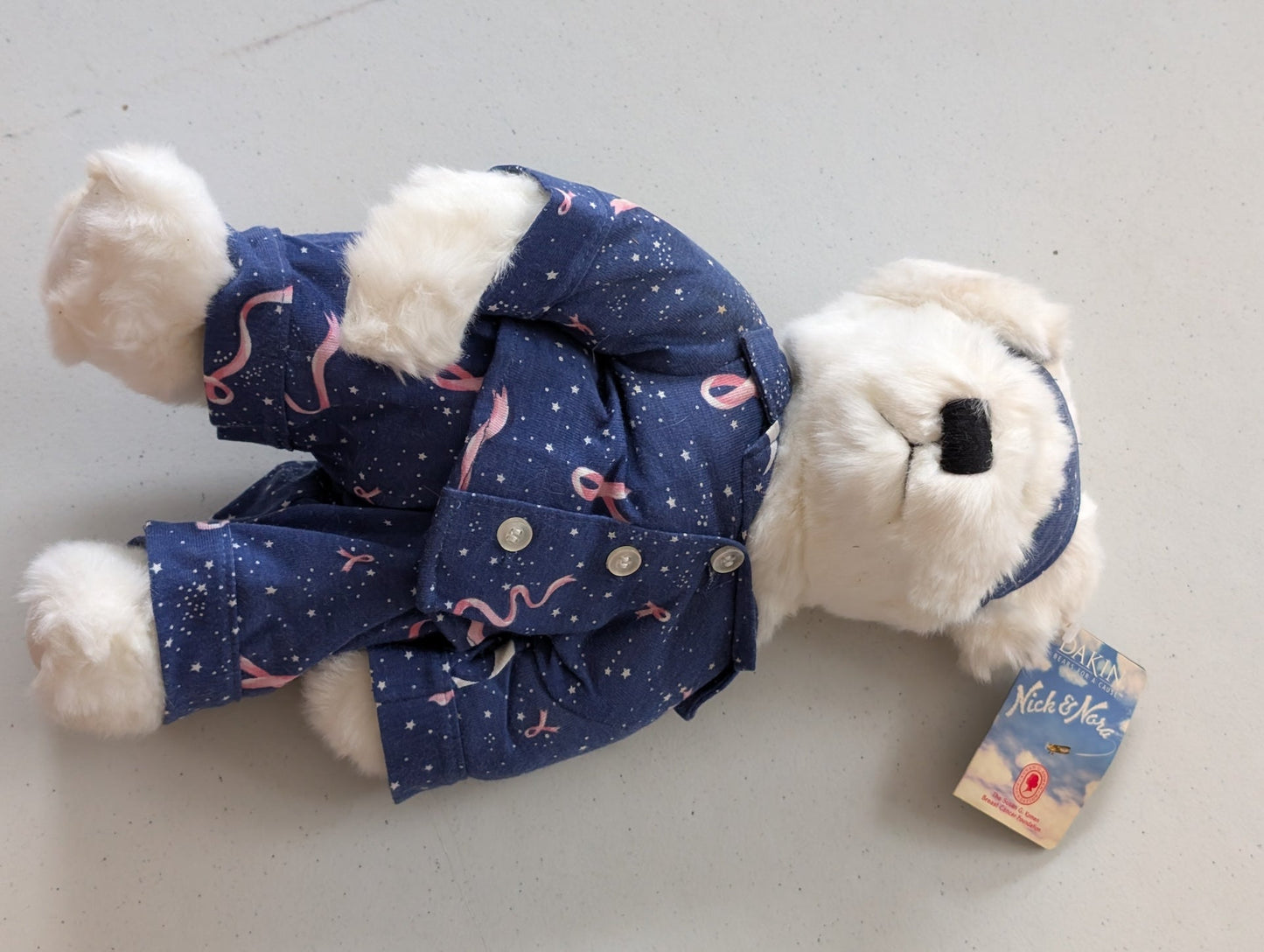 PJ Breast Cancer White Teddy Bear Plush Dakin Applause Nick & Nora (MWMT, Vintage, Retired, with Tag, VTG, Stuffed Animal, Plush, Toy, Nick and Nora)