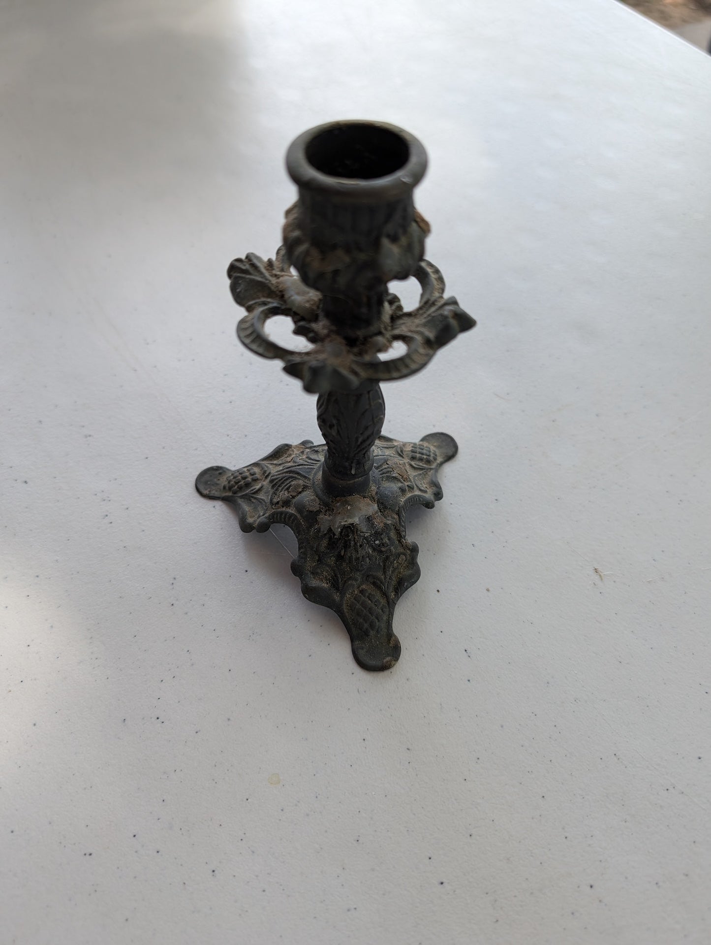 Gothic or Art Nouveau-inspired antique/vintage metal candlestick holder