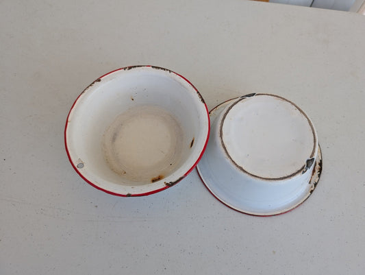 Porcelain Enamel Cookware Pots Pans - Pair Vintage White & Red Trim