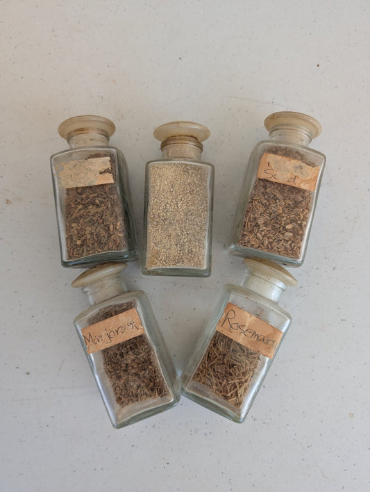 Spice Jar Bottles Containers set of five - Vintage Cork Top Clear Glass