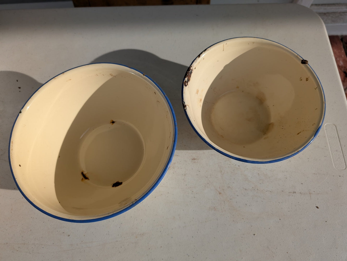 Porcelain Enamel Cookware Pots Pans - Pair Vintage White & blue Trim