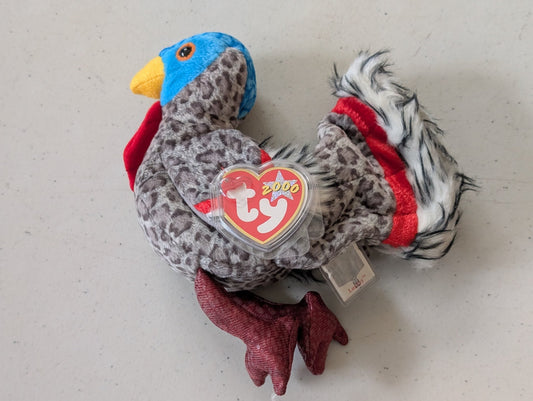 Gobbles the Turkey - Ty Beanie Babies (Gray, Blue, Red, White, 2000, Plush Toy)