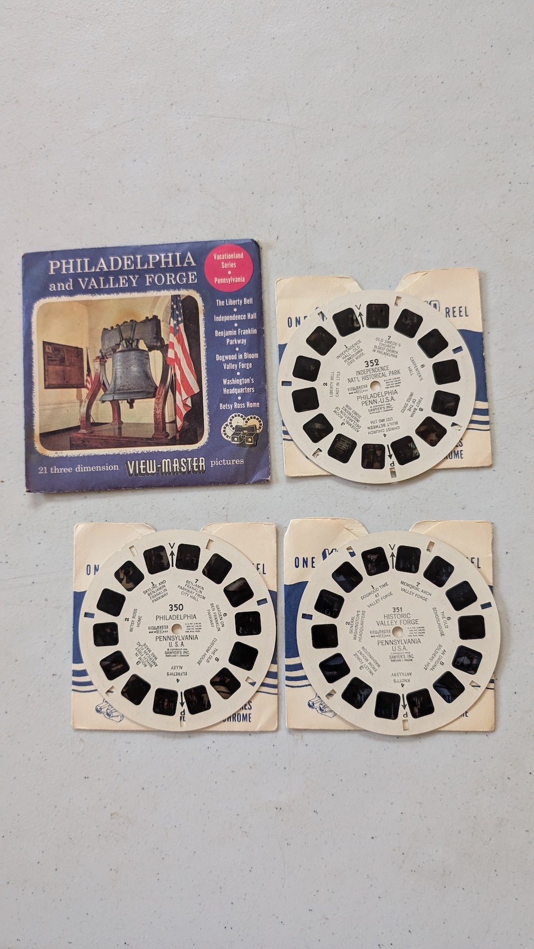 Philadelphia and Valley Forge -Vacationland series - Vintage 1953 View-Master set of three Reels 350, 351, 352(vintage, collectable, nostalgia, toy)