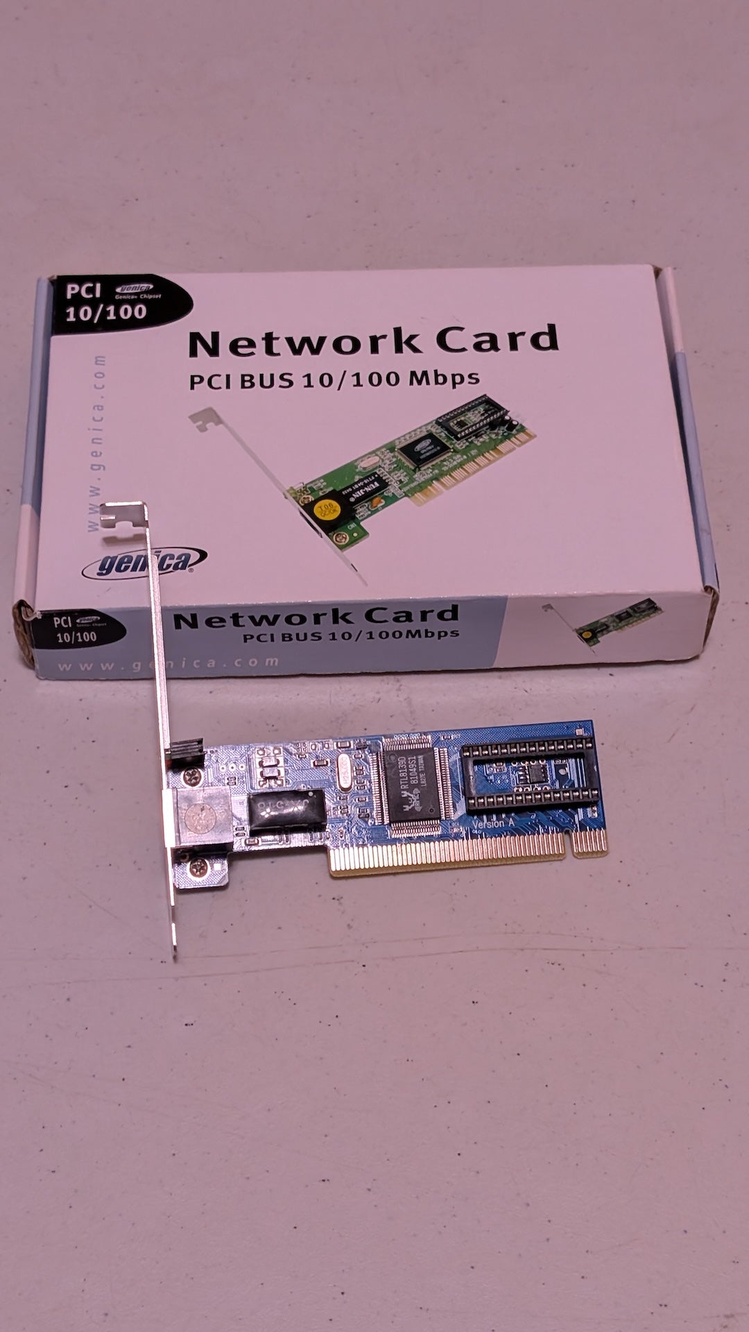 PCI BUS 10/100 Mbps Network Card from Genica - 2000s Computer Components (PCB, Metal Network Adapter, Retro Tech, Blue, Silver)