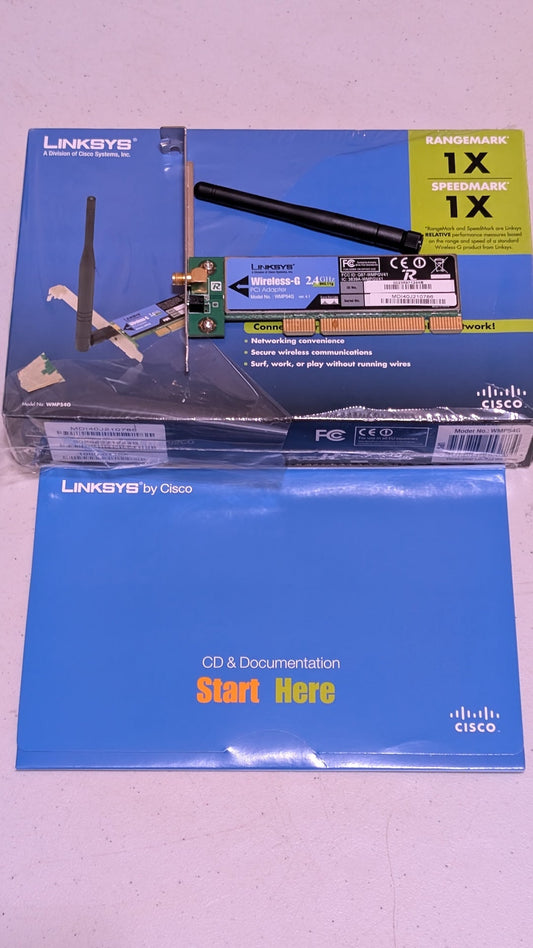 WMP54G from Linksys by Cisco - 2000s Computer Components (PCB, Plastic, Metal, Cardboard Network Adapter, Retro Tech, Blue, Black)