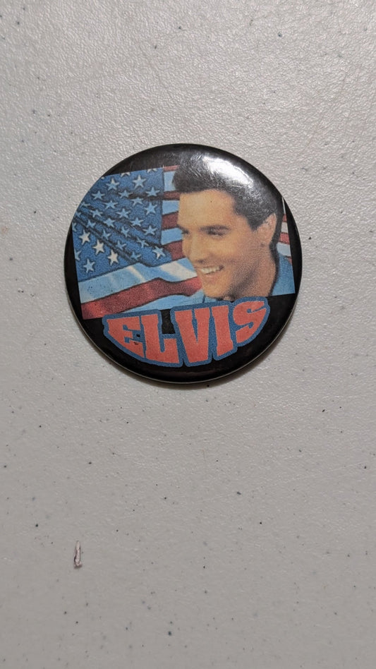 Elvis American Flag Pin from Unknown - 1980s Collectibles (Metal, Plastic Pinback Button, Americana, Retro, Black, Red, White, Blue, Collectable, Vintage, Original)