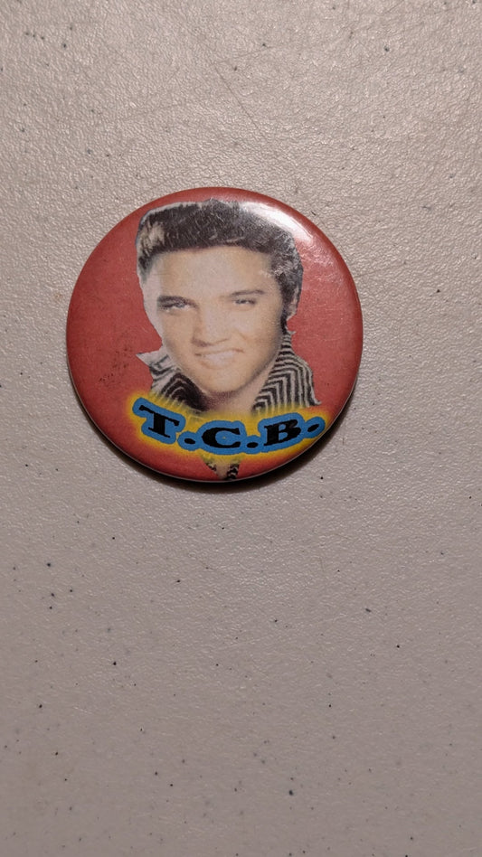Elvis T.C.B. Pin from Unknown - 1970s Collectibles (Metal, Plastic Pinback Button, Retro, Music Memorabilia, Red, Yellow, Blue, Black, Collectable, Vintage, Original)