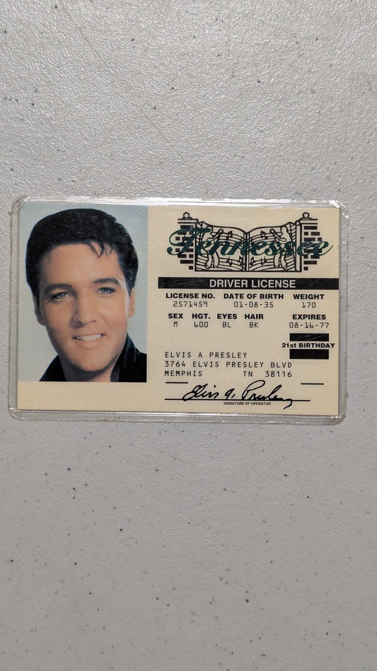 Elvis Presley Novelty Driver's License from Unknown - 1980s Collectibles (Laminated Paper Novelty Item, Kitsch, Americana, White, Blue, Black, Collectable, Vintage, Original)
