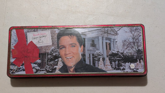 Elvis Presley "Happy Holidays" Tin from Russell Stover - 1990s Collectibles (Tin Collectible Tin, Christmas, Holiday, Red, White, Blue, Collectable, Vintage, Original)