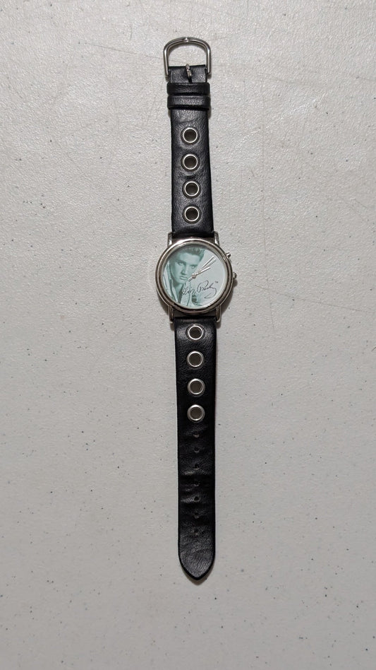 Elvis Presley Wristwatch from Unknown - 1990s Accessory (Metal, Leather, Glass Watch, Fashion, Music Memorabilia, Silver, Black, Collectable, Vintage, Original)