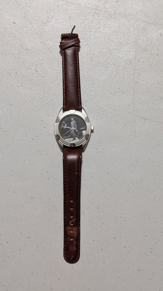Elvis Presley Wristwatch from Unknown - 1990s Accessory (Metal, Leather, Glass Watch, Fashion, Music Memorabilia, Silver, Brown, Black, White, Collectable, Vintage, Original) Buckle missing