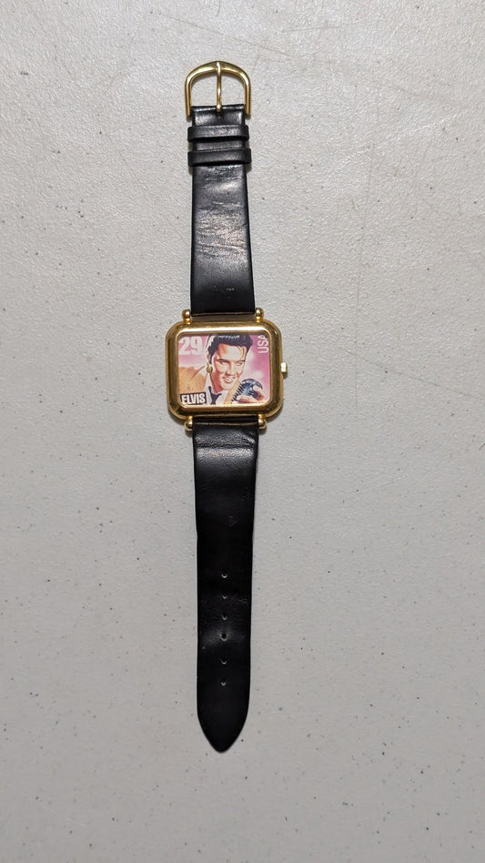 Elvis Presley Stamp Watch from Unknown - 1993 Accessory (Metal, Leather, Glass Watch, Fashion, Music Memorabilia, Gold, Black, Red, Pink, Collectable, Vintage, Original)