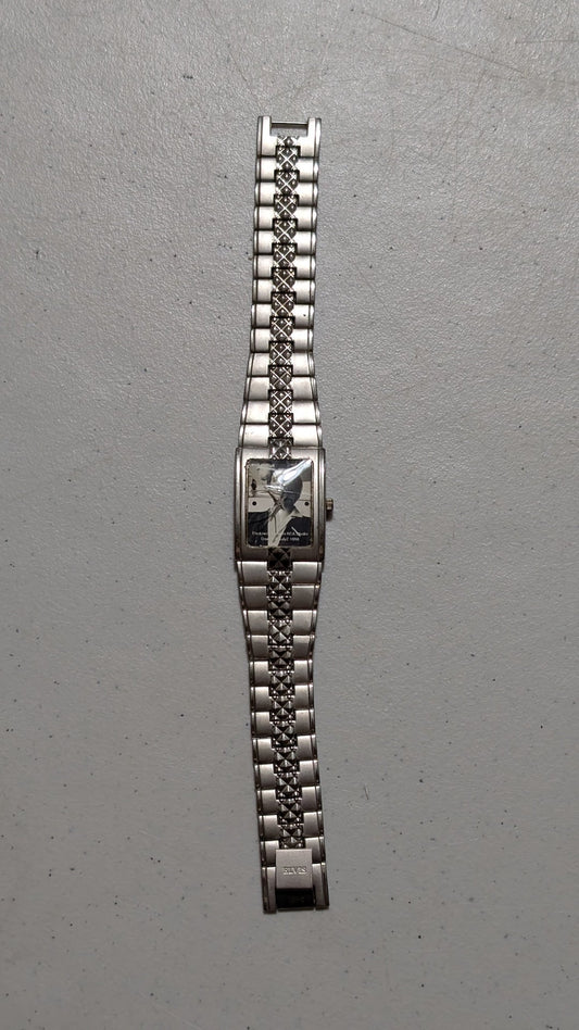 Elvis Presley Ladies' Watch square face - 1990s Accessory (Metal, Glass Watch, Fashion, Music Memorabilia, Silver, Black, White, Collectable, Vintage, Original)- Chipped Crystal.