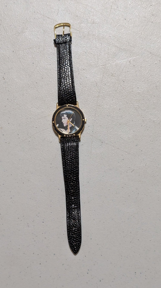 Elvis Presley Wristwatch from Unknown - 1990s Accessory (Metal, Leather, Glass Watch, Fashion, Music Memorabilia, Gold, Black, Collectable, Vintage, Original)