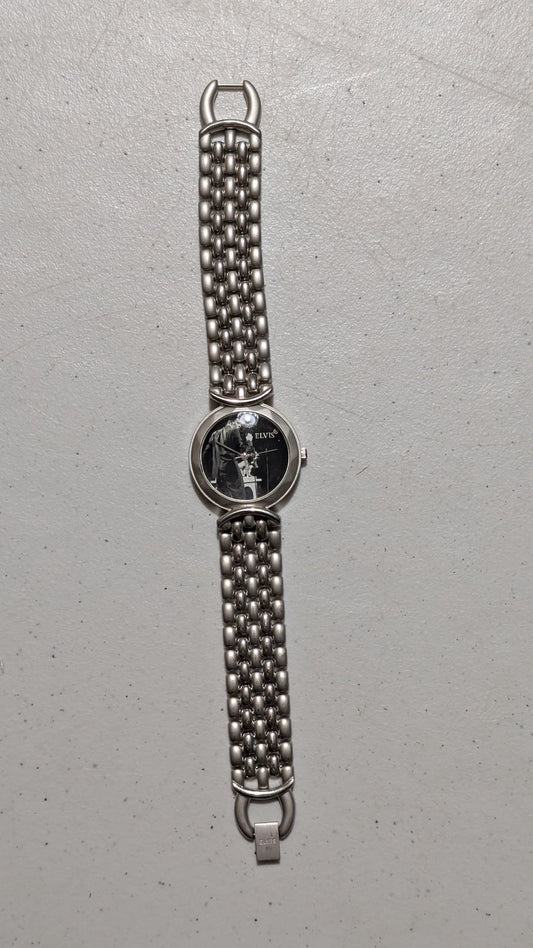 Elvis Presley Ladies' Watch round face - 1990s Accessory (Metal, Glass Watch, Fashion, Music Memorabilia, Silver, Black, White, Collectable, Vintage, Original)