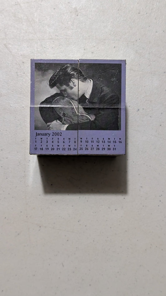 Elvis Presley 2002 Calendar Cube from Unknown - 2001 Desk Accessory (Plastic, Paper Calendar Cube, Retro, Office Decor, Purple, Black, White, Collectable, Vintage, Original)