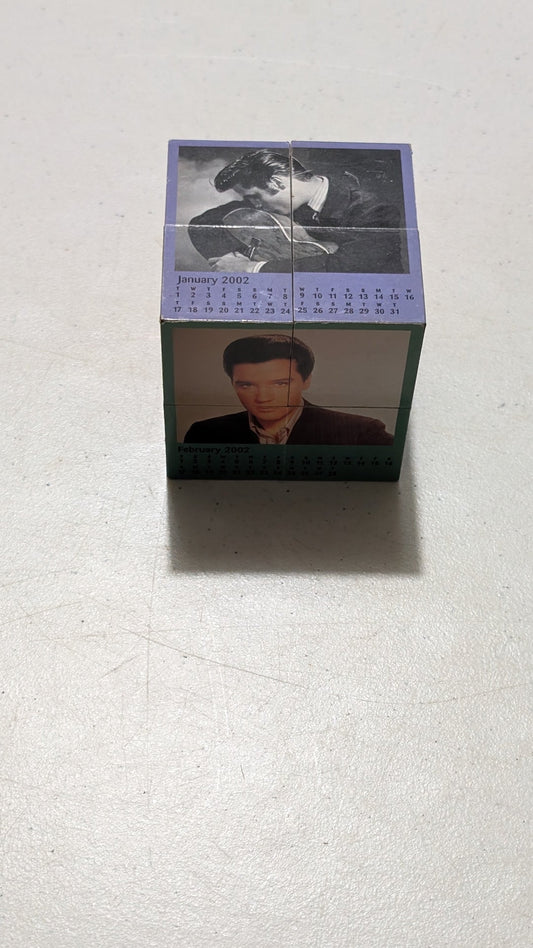 Elvis Presley 2002 Calendar Cube from Unknown - 2001 Desk Accessory (Plastic, Paper Calendar Cube, Retro, Office Decor, Purple, Green, Black, White, Collectable, Vintage, Original)