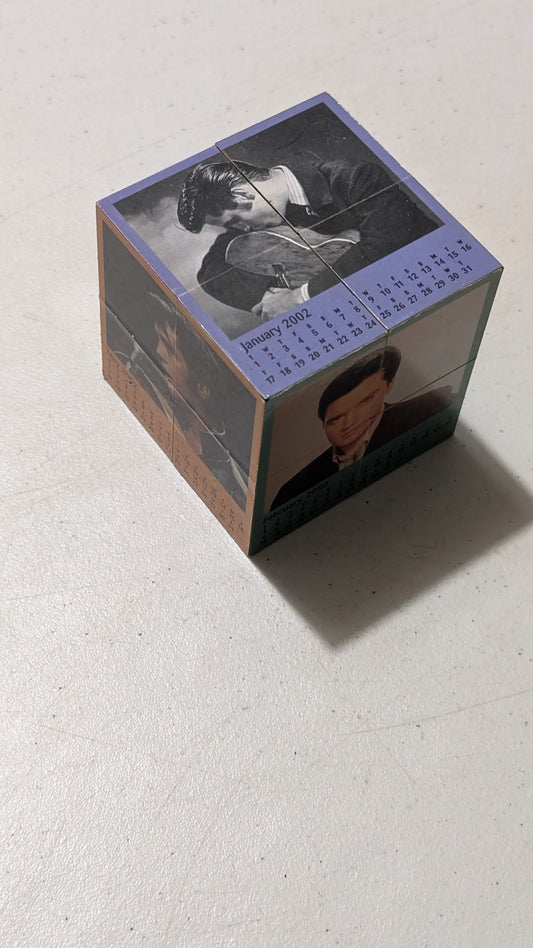 Elvis Presley 2002 Calendar Cube from Unknown - 2001 Desk Accessory (Plastic, Paper Calendar Cube, Retro, Office Decor, Purple, Green, Brown, Black, White, Collectable, Vintage, Original)