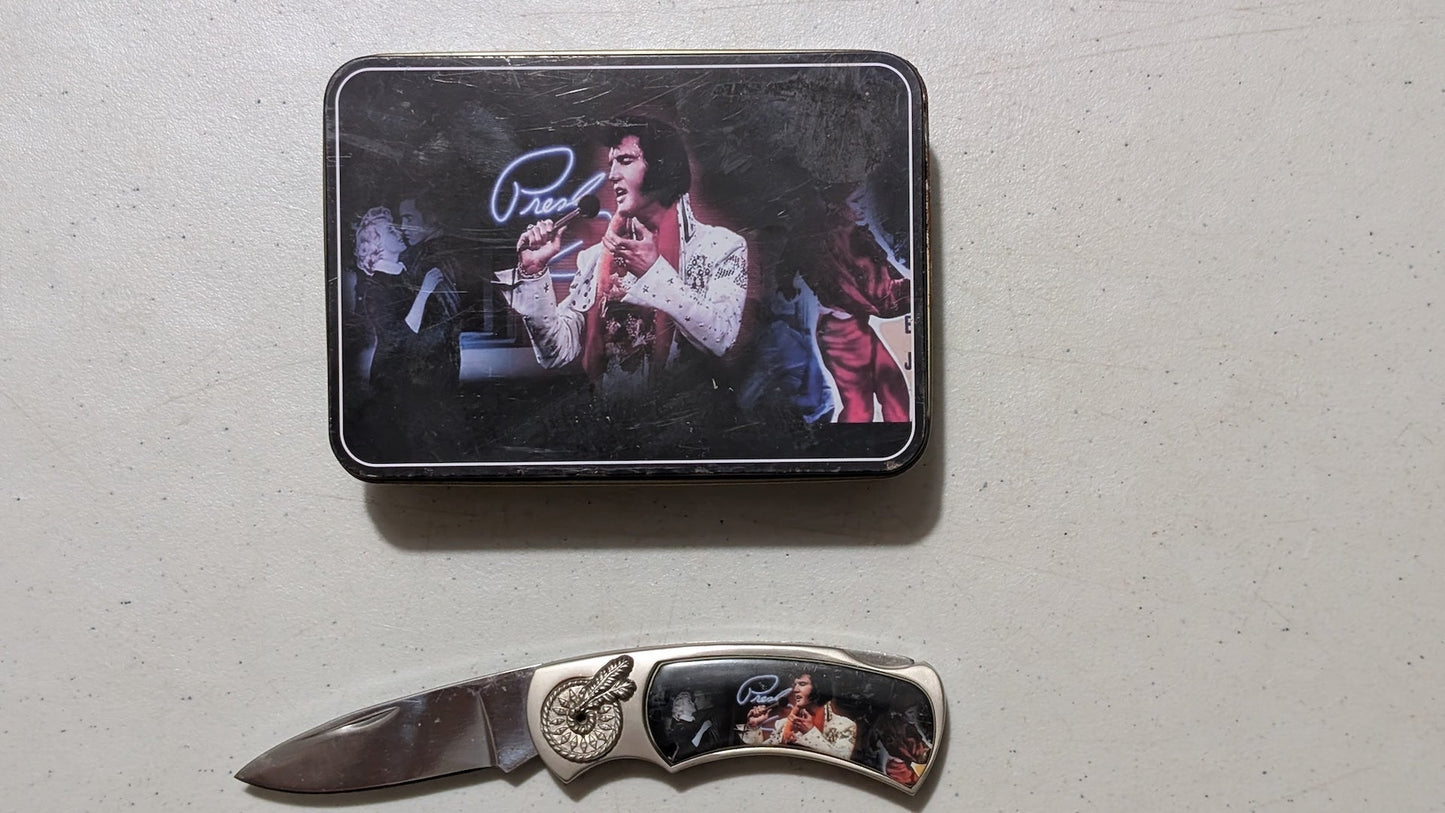 Elvis Presley Collectible Knife and Tin from Unknown - 2000s Collectible (Stainless Steel, Plastic, Tin Collectible Knife Set, Music Memorabilia, Collectible, Silver, Black, Red, Collectable, Vintage, Original)
