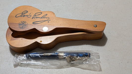 Elvis Presley Pen in Guitar Case from E.P.E. - 2000s Collectible (Wood, Metal, Plastic, Ink Pen Set, Office Decor, Music Memorabilia, Brown, Blue, Silver, Collectable, Vintage, Original)