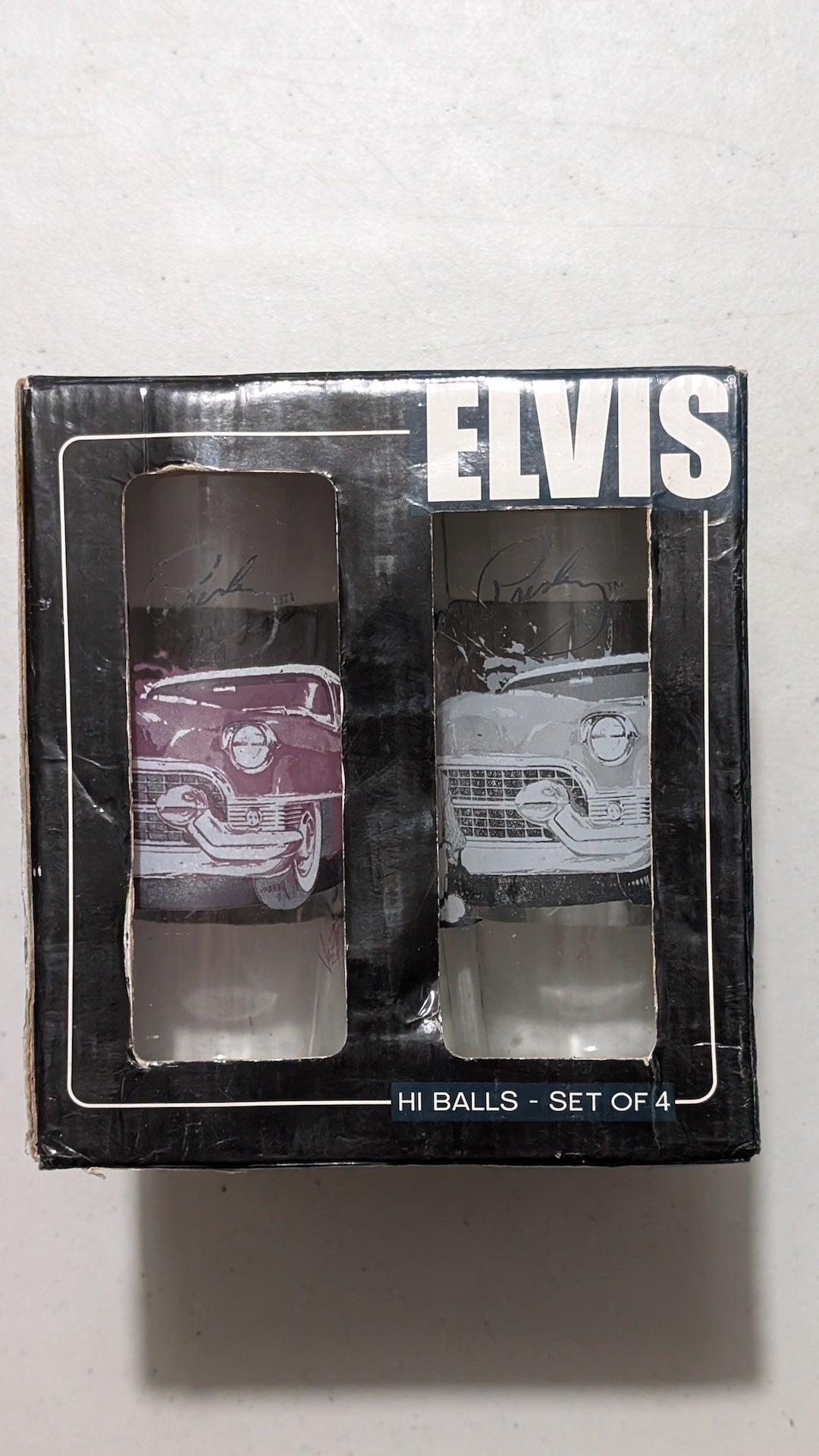 Elvis Presley Car Themed Hi-Ball Glasses from Unknown - 1990s Kitchenware (Glass Glassware Set, Barware, Retro, Black, Purple, Silver, Collectable, Vintage, Original)