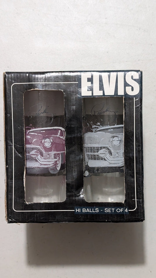 Elvis Presley Car Themed Hi-Ball Glasses from Unknown - 1990s Kitchenware (Glass Glassware Set, Barware, Retro, Black, Purple, Silver, Collectable, Vintage, Original)