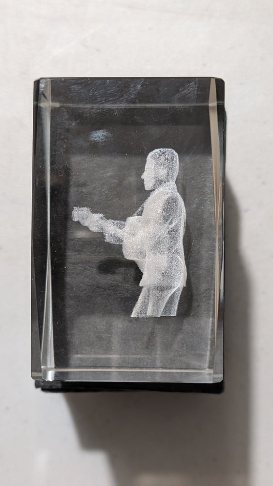 Elvis Presley Guitar Pose 3D Crystal from Unknown - 2000s Desk Accessory (Glass 3D Laser Crystal, Modern, Minimalist, Clear, White, Collectable, Vintage, Original)