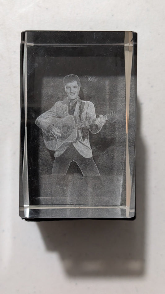 Elvis Presley Guitar Pose 3D Crystal from Unknown - 2000s Desk Accessory (Glass 3D Laser Crystal, Modern, Minimalist, Clear, White, Collectable, Vintage, Original)