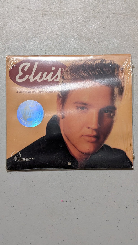 Elvis 16-Month Art and Photo Calendar from Hometown Collection - 2000s Collectible (Paper, Plastic Calendar, Office Decor, Music Memorabilia, Brown, Black, Collectable, Vintage, Original)