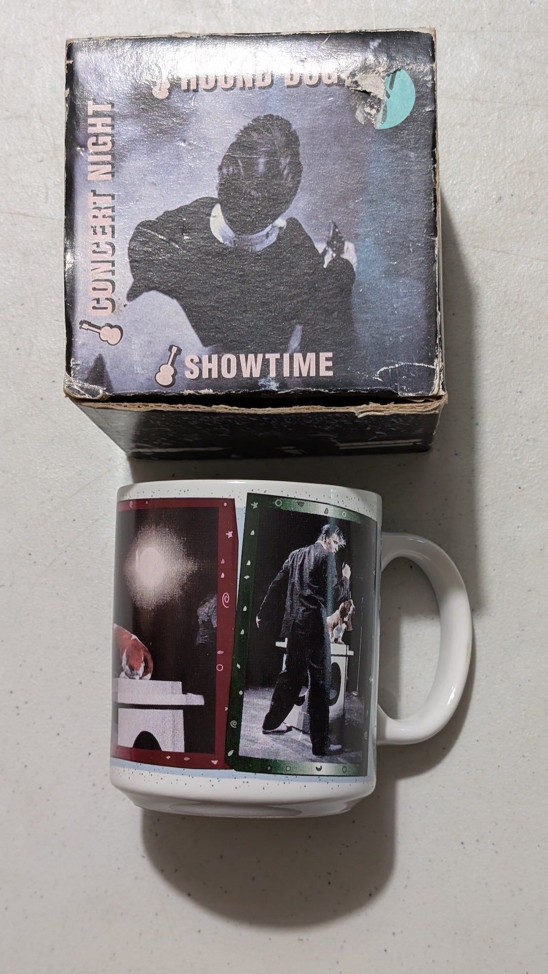 Hound Dog Concert Night Showtime Mug from Unknown - 1990s Housewares (Ceramic, Cardboard Mug, Kitchenalia, Music Memorabilia, White, Black, Red, Green, Collectable, Vintage, Original)