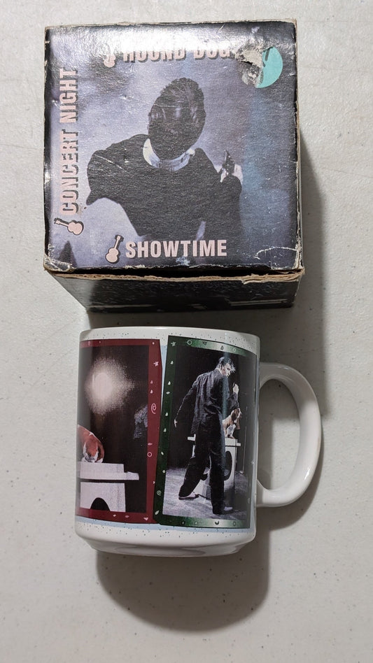 Hound Dog Concert Night Showtime Mug from Unknown - 1990s Housewares (Ceramic, Cardboard Mug, Kitchenalia, Music Memorabilia, White, Black, Red, Green, Collectable, Vintage, Original)