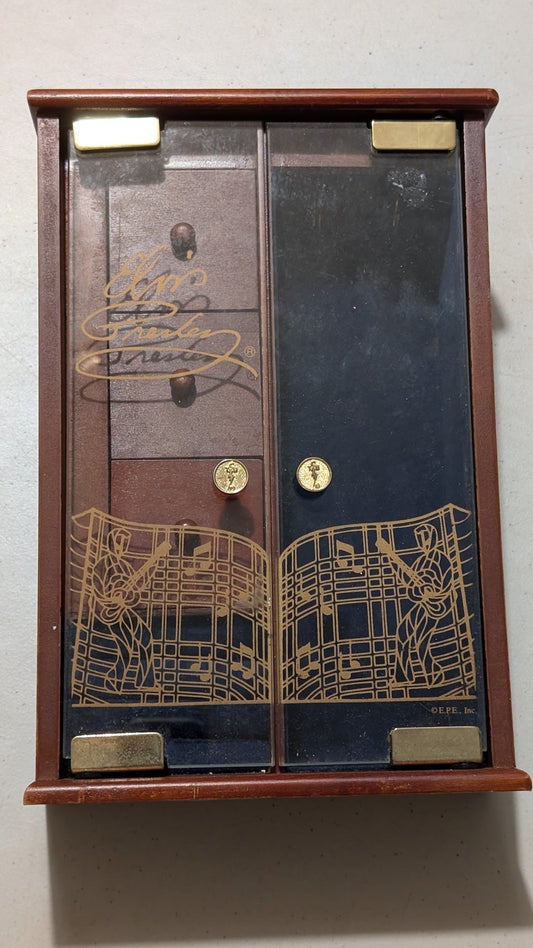 Elvis Presley Music Box from E.P.E. Inc. - 1980s Home Decor (Wood, Glass, Metal Trinket Box, Retro, Hollywood Regency, Brown, Gold, Black, Collectable, Vintage, Original)