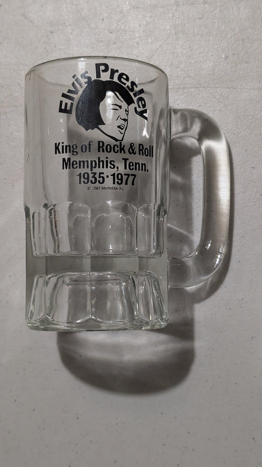 Elvis Presley King of Rock & Roll Mug from Southern P.C. - 1983 Housewares (Glass Glass Mug, Barware, Retro, Clear, Black, Collectable, Vintage, Original)