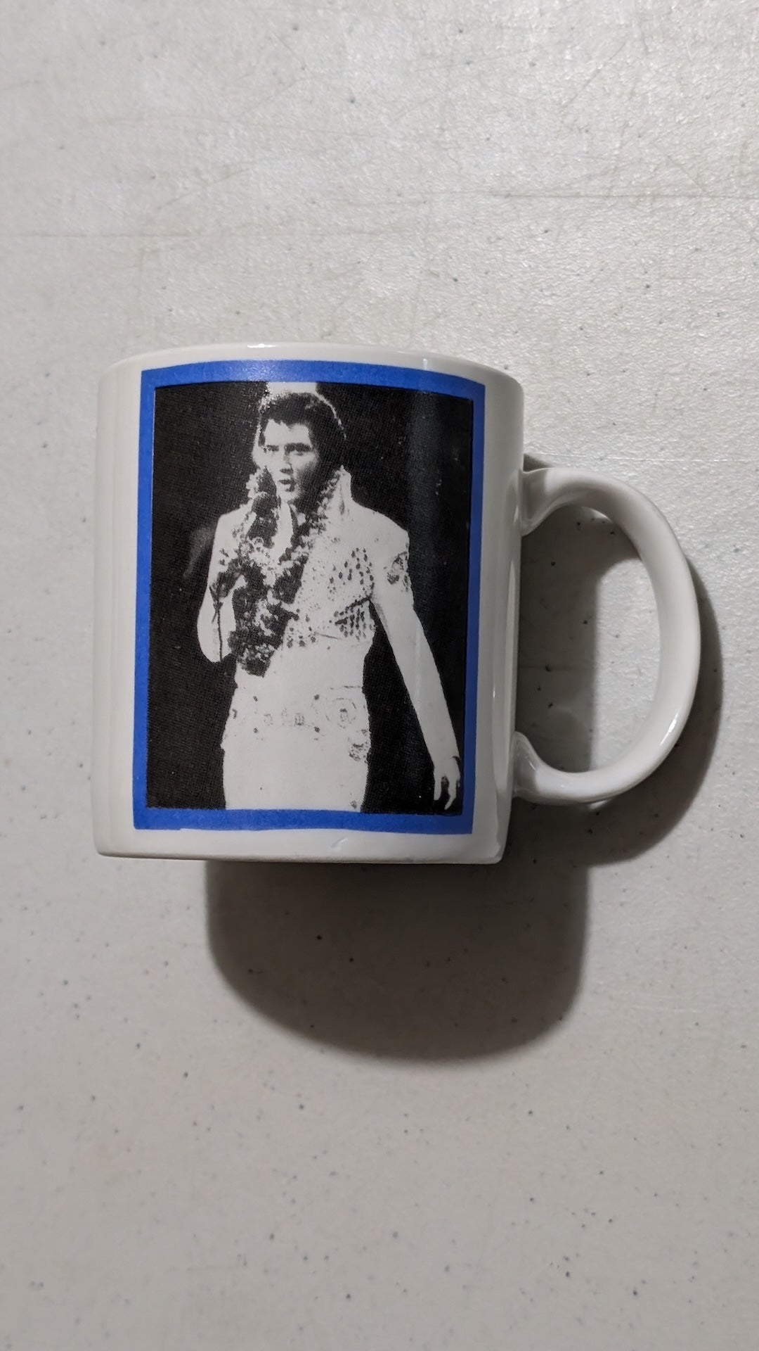 Elvis Aloha from Hawaii Mug from Unknown - 1990s Housewares (Ceramic Mug, Music Memorabilia, Retro, White, Black, Blue, Collectable, Vintage, Original)