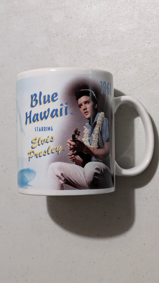 Blue Hawaii Mug from Unknown - 1990s Housewares (Ceramic Mug, Tiki, Mid-Century Modern, Film Memorabilia, White, Blue, Yellow, Collectable, Vintage, Original)