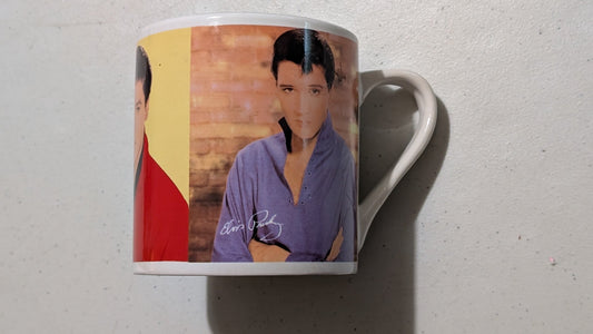 Elvis Portraits Mug from Unknown - 1990s Housewares (Ceramic Mug, Music Memorabilia, Retro, White, Red, Purple, Yellow, Collectable, Vintage, Original)